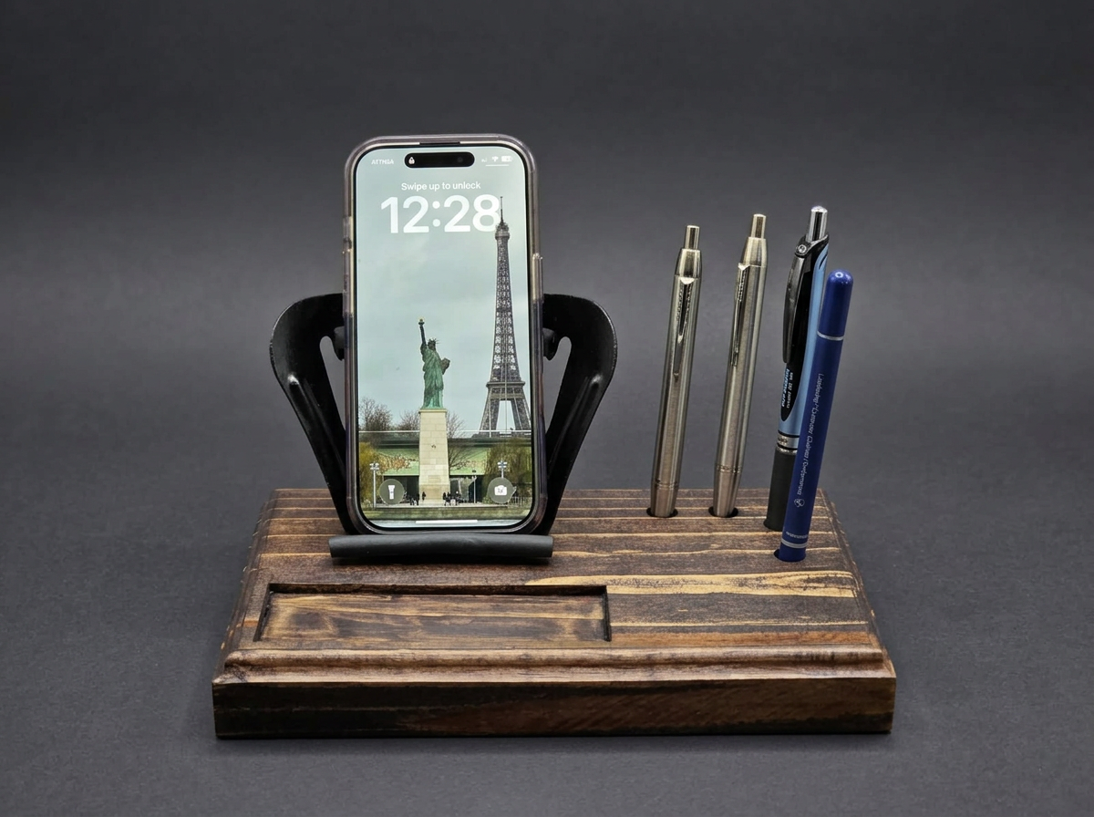 Handcrafted wooden desk organiser on a dark studio backdrop holding a phone upright with four pens in the pen wells