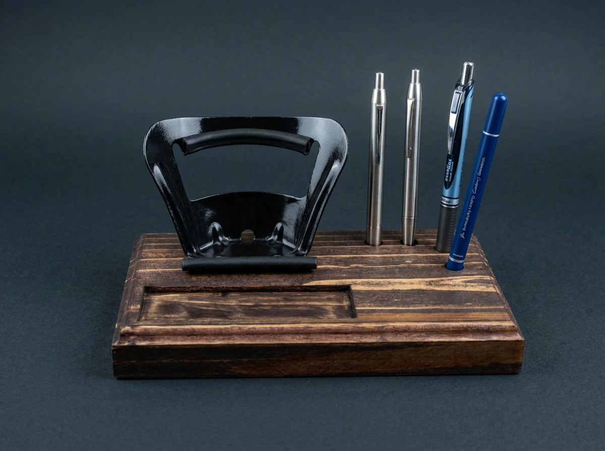 Wooden desk stand with a glossy black restored vintage metal tool handle and four pens on a dark studio backdrop