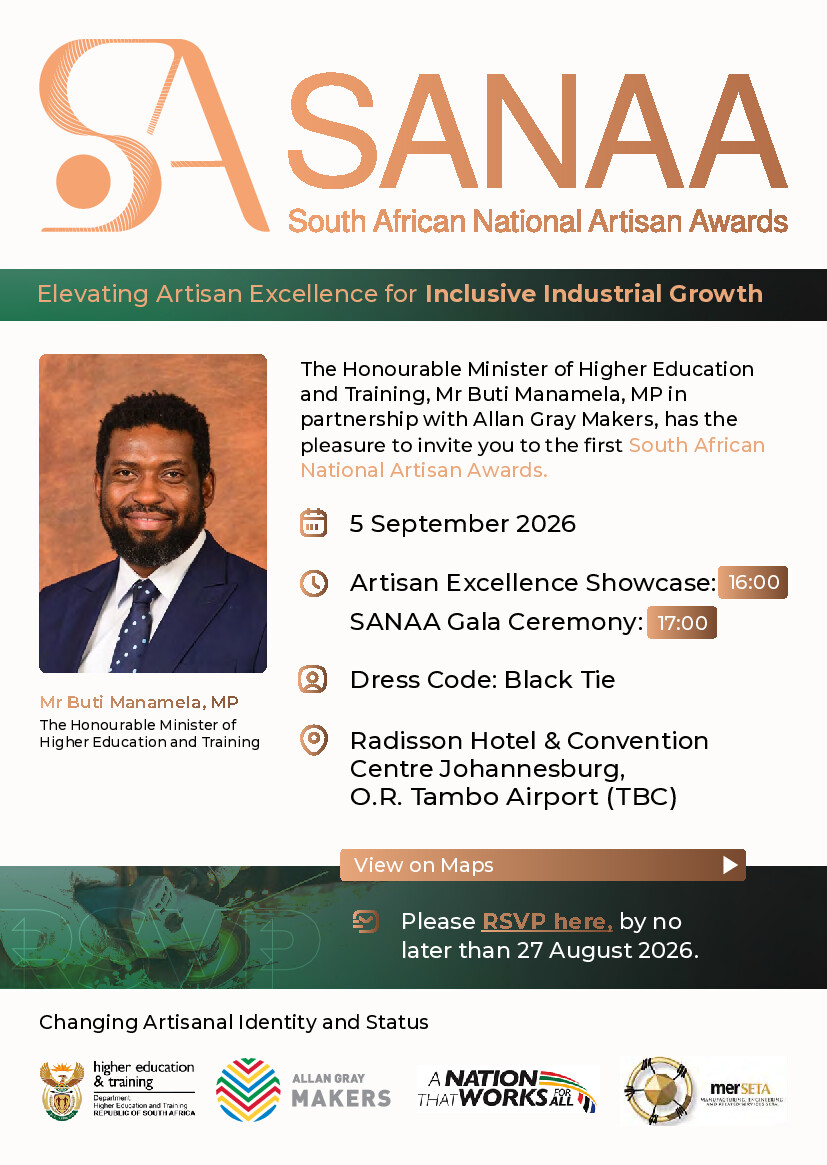 Official SANAA invitation for the first South African National Artisan Awards — 5 September 2026 at Radisson Hotel & Convention Centre Johannesburg, O.R. Tambo Airport