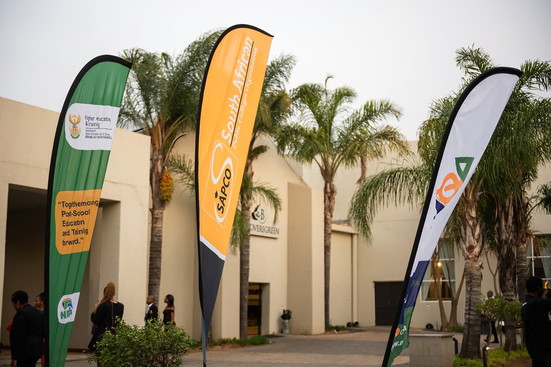 DHET, SAPCO and partner feather flags outside the SANAA 2026 gala venue