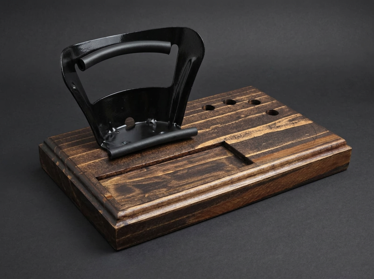 Angled view of a wooden desk companion with a black restored tool handle, charging channel and pen holes